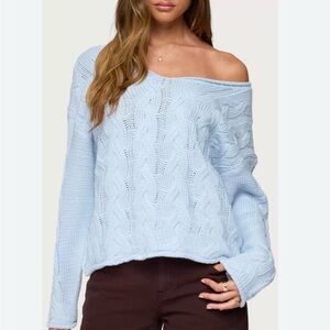 Edikted Oversized Off-Shoulder Light Blue Cable Knit Sweater M